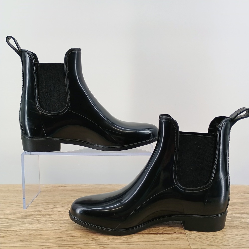 JCrew Shiny Black Rubber Rain Boots Chelsea Ankle Booties Womens SZ 6 Waterproof